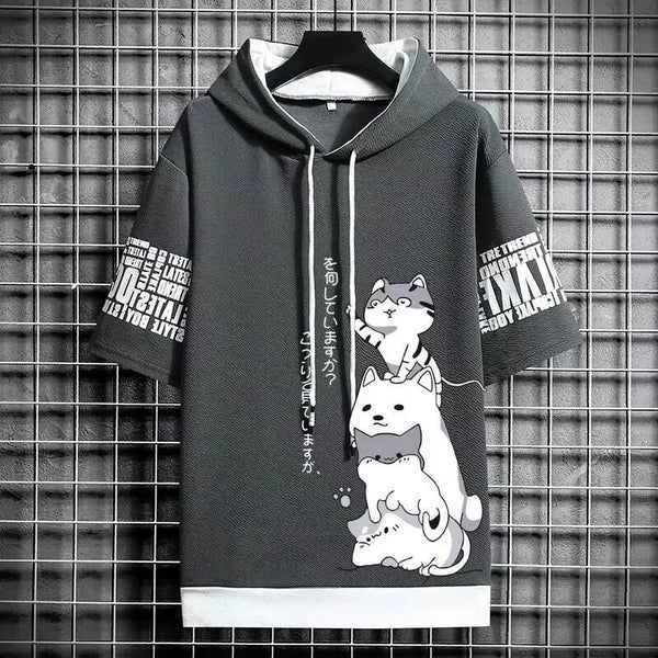 Men's Japan Fashion Men's Hoodies Summer Men Clothing Cartoon Casual Harajuku Streetwear Print Hooded Top Short Sleeve Sweatshirts Men
