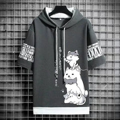 Men's Japan Fashion Men's Hoodies Summer Men Clothing Cartoon Casual Harajuku Streetwear Print Hooded Top Short Sleeve Sweatshirts Men