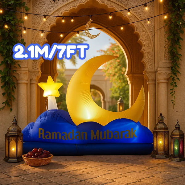 7FT Ramadan Mubarak Inflatable Blue Crescent Decor Yellow Star Islamic Holiday  Decorative Supplies Ramadan Inflatable For Yard