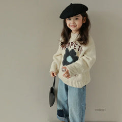 Girls' Letter Flower Pullover Sweater 2026 Spring and Autumn New Korean Children's Fashionable Knitted Sweater Casual Top