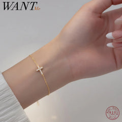 WANTME 925 Sterling Silver Simple Gothic Pave Zircon Cross Chain Bracelet for Women Fashion Statement Gold Party Jewelry Gift