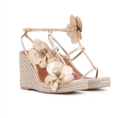 Fashion Flower Platform Wedges Sandals T Strap Open Toe Runway 2026 Summer Women Dress Shoes Braided Shoes