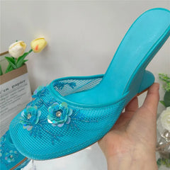 Fashion Women Summer Wedges Mesh Shoes For Woman's Flower Round Toe Slip-On Hollow High Heeled sandals Mujer Party Wedding Pumps