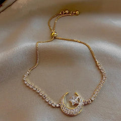 Korea New Design Fashion Jewelry 14K Gold Plated Zircon Star Moon Stretch Adjustable Islamic Bracelet Girl Gift Women Custom Jewelry