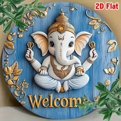 2D Flat] 1pc Vintage Ganesha Welcome Sign – Golden Design, Indian Hindu Deity Decor for Home/Office/Cafe, Perfect Gift