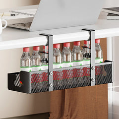 Metal under desk cable tray holding wires and power accessories