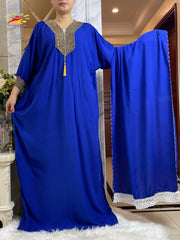 2025New Muslim Women Long Sleeve Autumn  Dress Cotton With Big Scarf Boubou Maxi Islam Women Dress African Abaya