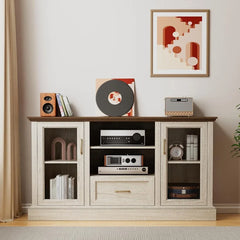 Farmhouse TV Stand for 70 Inch TV Entertainment Unit with Glass Door Storage Cabinets Adjustable Shelves Modern Media Console Living Room Furniture