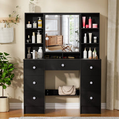 Teousev Black Dressing Table Wood Makeup Desk with 3-Colour Adjustment LED Mirror and 7 Drawers Dressers For Bedroom Furniture