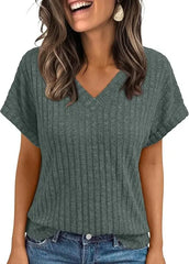 Women’s V-Neck Knit T-Shirt Casual Summer Top