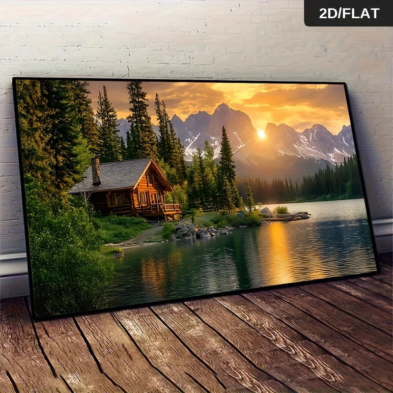 Frameless Modern Rustic wooden houses are set in a lush forest on the shores of a peaceful lake Wall art Canvas Painting Art for
