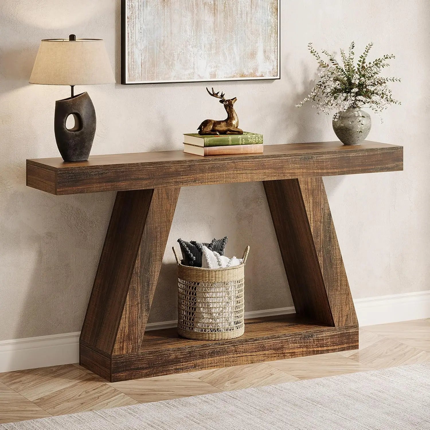 Farmhouse Console Table, 55-Inch Sofa Table with Storage, Industrial Wooden Entryway Table for Hallway, Living Room, Dark Brown Living Room Furniture