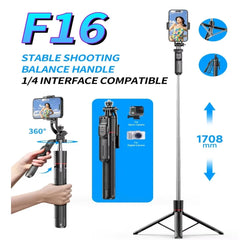 MEUYAG Selfie Stick Tripod with 1708mm Long Monopod Fill Light, Bluetooth Remote, 360° Rotation, 1/4 Interface, for mobile phone