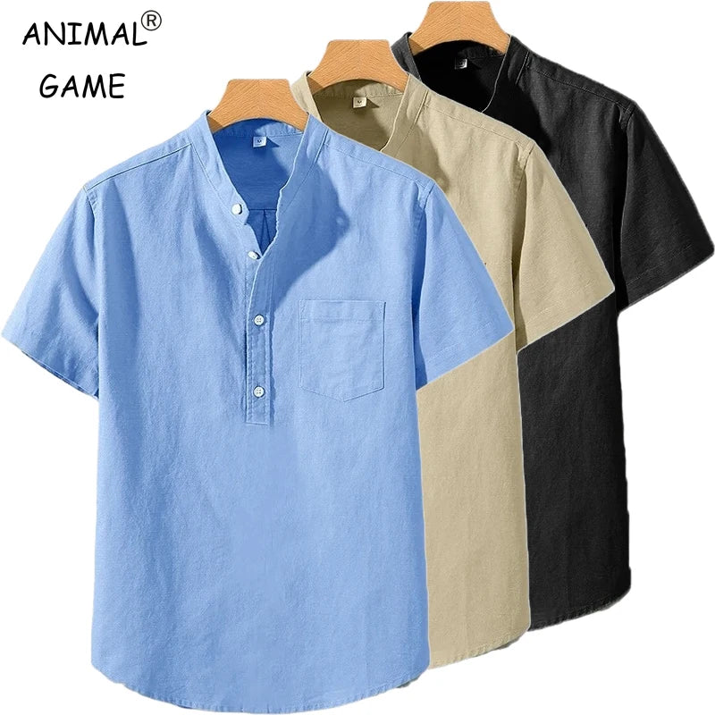Mens Short Sleeve T Shirts Solid color Stand Up Shirt Summer Trendy Breathable Loose Youth Basic Cotton Pocket Top