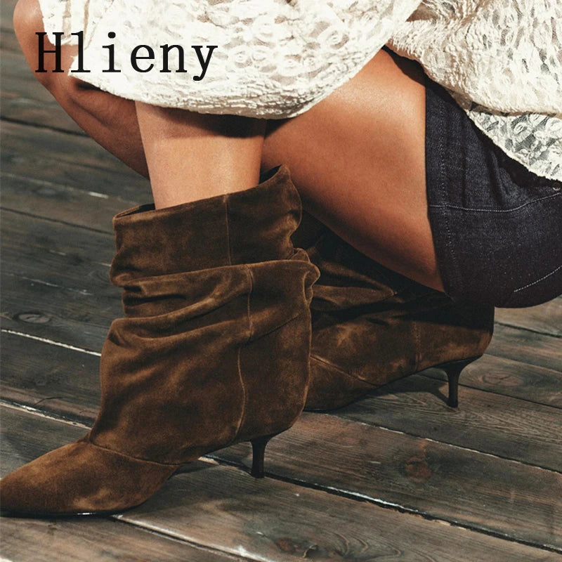Liyke Winter Pleated Suede Women Shoes Pointed Toe Low Thin Heels Female Brown Retro Elegant Designer Ankle Boots Bottes Femme