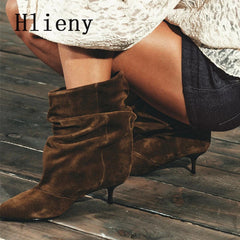 Liyke Winter Pleated Suede Women Shoes Pointed Toe Low Thin Heels Female Brown Retro Elegant Designer Ankle Boots Bottes Femme