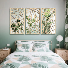 3Pcs 2D 16in Wooden Acrylic Double-Layer Wall Mirror Hollow Leaf Design Refined Lifestyle Artistic Home Decorative Mirror