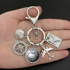 New ideas Earth plane keychain pendant earth compass personality memorial key ring gift for travel lovers