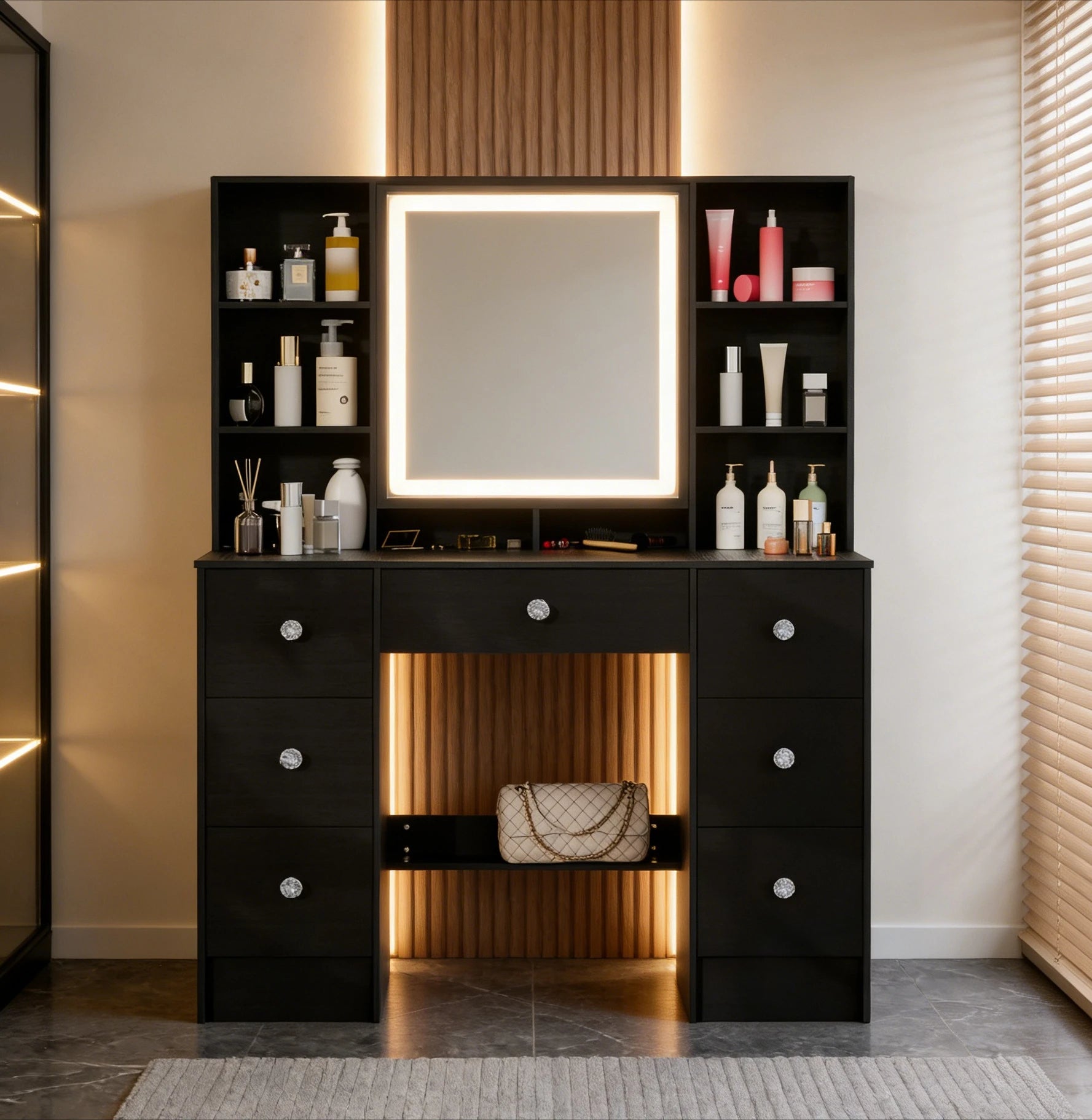 Teousev Black Dressing Table Wood Makeup Desk with 3-Colour Adjustment LED Mirror and 7 Drawers Dressers For Bedroom Furniture