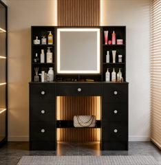 Teousev Black Dressing Table Wood Makeup Desk with 3-Colour Adjustment LED Mirror and 7 Drawers Dressers For Bedroom Furniture