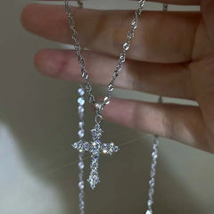 Shiny Crystal Zircon Cross Pendant Necklace Girls Punk Silver Color Thin Chain Necklace Party Jewelry Birthday Gift