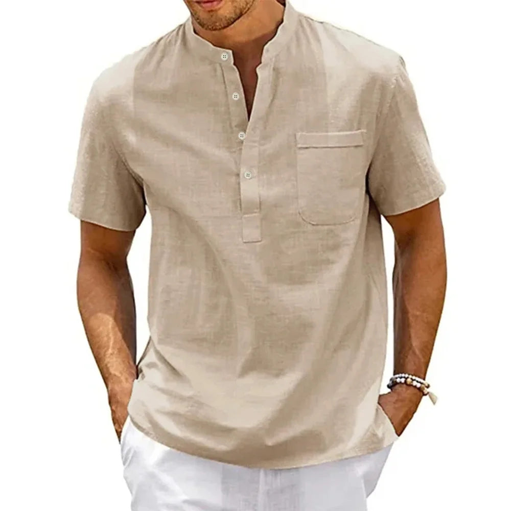 Men’s Cotton Linen Henley Shirt – Casual Short Sleeve Top