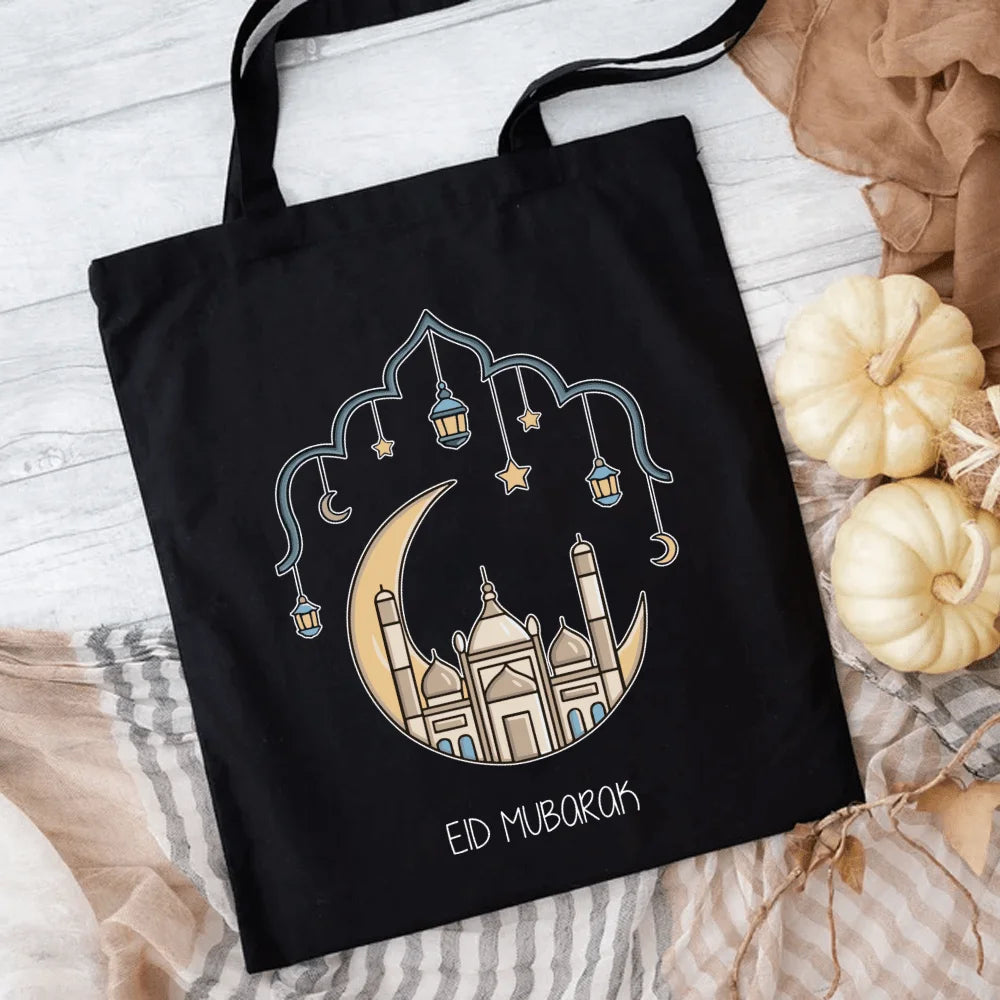 Islamic Ramadan Themed Polyester Tote Bag, Durable Large Capacity Handbag with Eid Mubarak Print, Ideal for Outdoor Picnic, Shopping