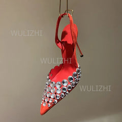 Silver Large Crystal Diamond Heels Sandals Shiny Women Red Leather Gold Slingback Pointed Toe Stiletto Black Bling Shoes Slip On
