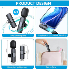 2 Pcs Wireless Lavalier Microphone for iPhone Android iPad, Mini Clip-on Mic with Crystal Clear Sound Quality